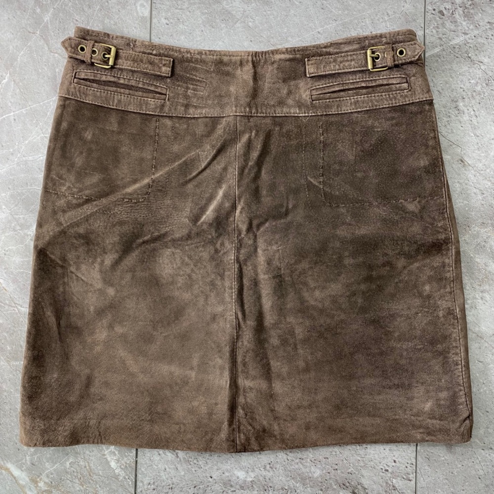 Vintage Clothes by Revue Brown Suede Leather Mini Skirt Y2K Side‎ Buckles Size 2